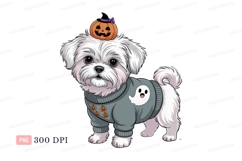 Fluffy white dog wearing Halloween sweater and pumpkin hat Product Image 1