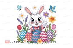 Cheerful bunny with painted eggs and flowers easter Product Image 1