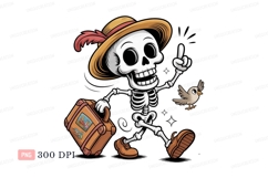 Skeleton walking with suitcase and bird image Product Image 1
