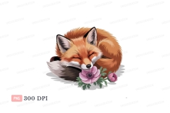 Sleeping fox with pink flowers animal nature Product Image 1