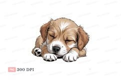Sleeping fluffy puppy with brown white fur cute Product Image 1