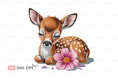 Fawn resting with pink flower deer animal Product Image 1