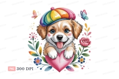 Happy puppy wearing rainbow hat holding heart image Product Image 1