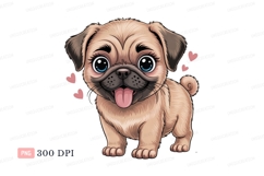 Adorable pug puppy with big blue eyes and pink hearts Product Image 1