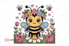 Cute bee wearing flower crown surrounded by flowers Product Image 1