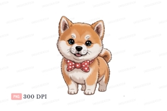 Fluffy Shiba Inu puppy wearing red polka dot bow tie Product Image 1