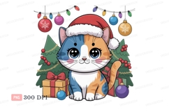Festive cat wearing santa hat surrounded by christmas decora Product Image 1