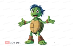 Happy cartoon turtle with blue hair green shell Product Image 1