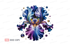 Vibrant iris flower with floating orbs purple blue Product Image 1
