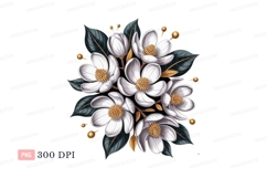White magnolia blossoms gold accents leaves buds Product Image 1