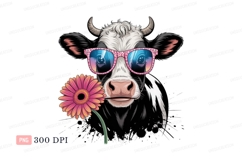 Cool cow with pink flower sunglasses black Product Image 1