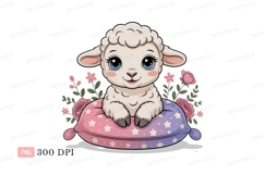 Cute lamb on floral pillow sheep animal Product Image 1