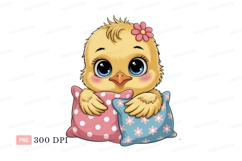 Fluffy chick holding pillows yellow blue Product Image 1