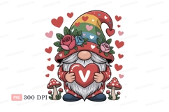 Gnome holding heart surrounded by hearts and mushrooms Product Image 1
