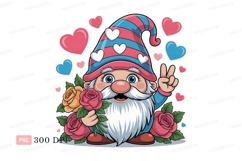 Cheerful gnome holding roses peace sign hearts Product Image 1