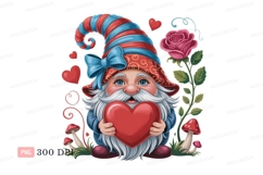 Gnome holding red heart with rose and mushrooms image Product Image 1