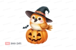 Cute bird wearing witch hat sitting on jack o lantern Product Image 1