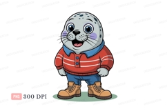 Cheerful seal wearing striped sweater jeans boots cartoon Product Image 1