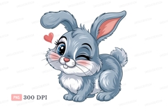 Adorable grey bunny winking with pink heart white blue Product Image 1