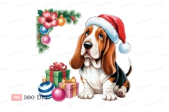 Basset hound wearing Santa hat with Christmas gifts Product Image 1