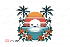 Tropical sunset ocean palms flowers image Product Image 1