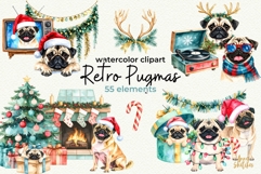 Retro Pugmas Dog Christmas Watercolor Clipart Product Image 1