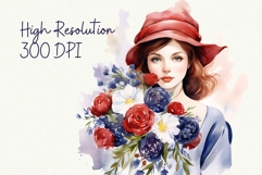 French Girl with Red Hat &amp; Flowers | Watercolor Bastille Day Product Image 2