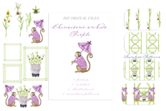 Chinoiserie purple Orchid Monkey. Bamboo Frame DIY Product Image 4