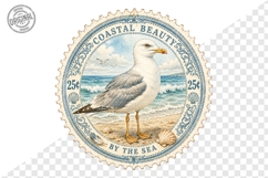 Coastal Beauty Seagull Beach Postage Stamp PNG Art Product Image 1