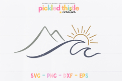 Clean line coastal SVG showing a wave, sun, and mountain range in a soft neutral palette. Designed for digital cutting machines and minimalist home decor projects.