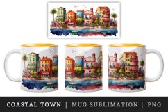 Watercolor coastal town mug, cup wrap sublimation design png Product Image 1