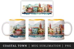 Watercolor coastal town mug, cup wrap sublimation design png Product Image 1