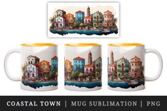 Watercolor coastal town mug, cup wrap sublimation design png Product Image 1