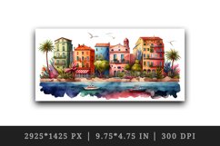 Watercolor coastal town mug, cup wrap sublimation design png Product Image 2