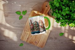 Watercolor coastal town mug, cup wrap sublimation design png Product Image 3