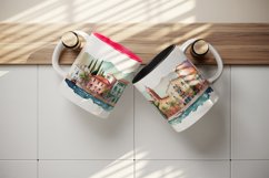 Watercolor coastal town mug, cup wrap sublimation design png Product Image 5