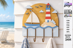 Wooden Coastal Wall Hooks Rack Laser Cut | 3D Layered Ocean Product Image 4