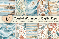 Coastal Watercolor Digital Paper Bundle, Seamless Beach Pattern Pack, Printable Scrapbook Paper, Seashell Starfish Ocean Design Collection