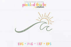 Simple coastal design featuring a flowing ocean wave and rising sun with clean, smooth linework. Minimal detail with soft curves, ideal for vinyl cutting, apparel, and beach-themed projects.