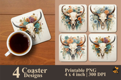 Flowering Cow Skull Coaster Sublimation Design Product Image 1