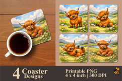 Joyful Highland Cow Coaster Sublimation Design Product Image 1