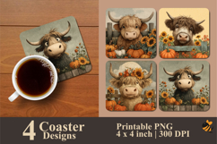 Highland cow Sunflowers Coaster Sublimation Design Product Image 1