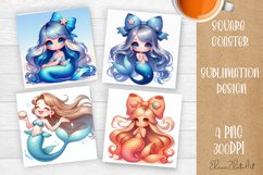 Mermaid square coaster sublimation PNG design Product Image 1
