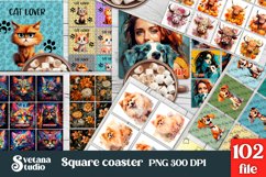 Highland cow sunflower square coaster sublimation, funny dog coaster, rainbow cat square coaster, flower coaster PNG.
