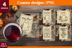 Vintage Postage Stamp Halloween coaster Ghost Spider Hey Boo Product Image 1