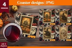 Vintage Postage Stamp Halloween coaster Haunted House Cat Product Image 1