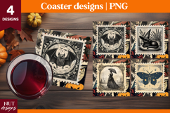 Vintage Postage Stamp Halloween coaster Bat Moth Black Cat Product Image 1