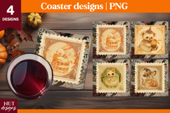 Vintage Postage Stamp Halloween coaster Bear Bunny Cat Product Image 1