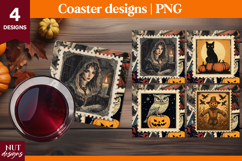 Vintage Postage Stamp Halloween coaster Owl Black cat Witch Product Image 1