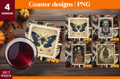 Vintage Postage Stamp Halloween coaster Bat Werewolf Moth Product Image 1